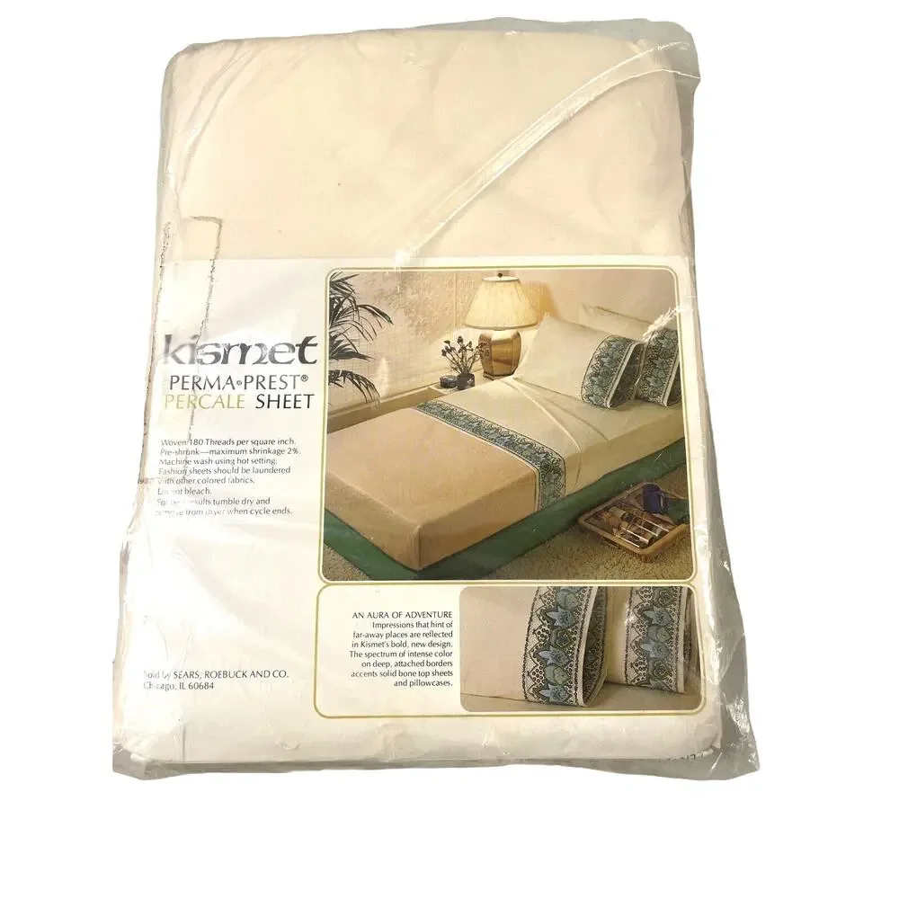 Vintage Sears Kismet Sheet Set – 2 Full Flat & Fitted NOS Beige Green Blue MCM